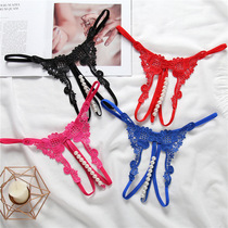 Ladies sexy thong transparent hot embroidered pearl thong low waist open crotch perspective seduction panty women