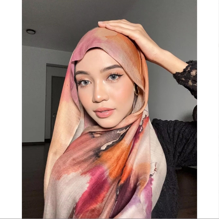Watercolor Tie-Dye Cotton Scarf, Arabic Satin Polyester Long Scarf, Turkish Middle Eastern Headscarf