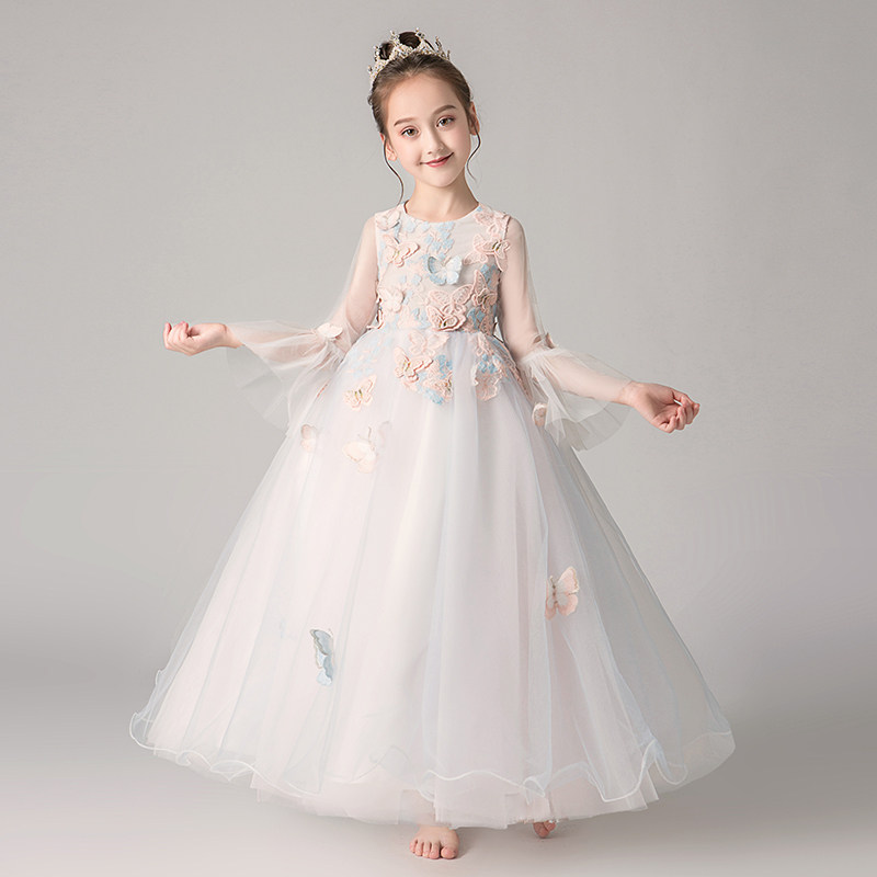 Princess dress girl's birthday long sleeve high-end small flower child marriage dress The children host the piano for the spring and autumn