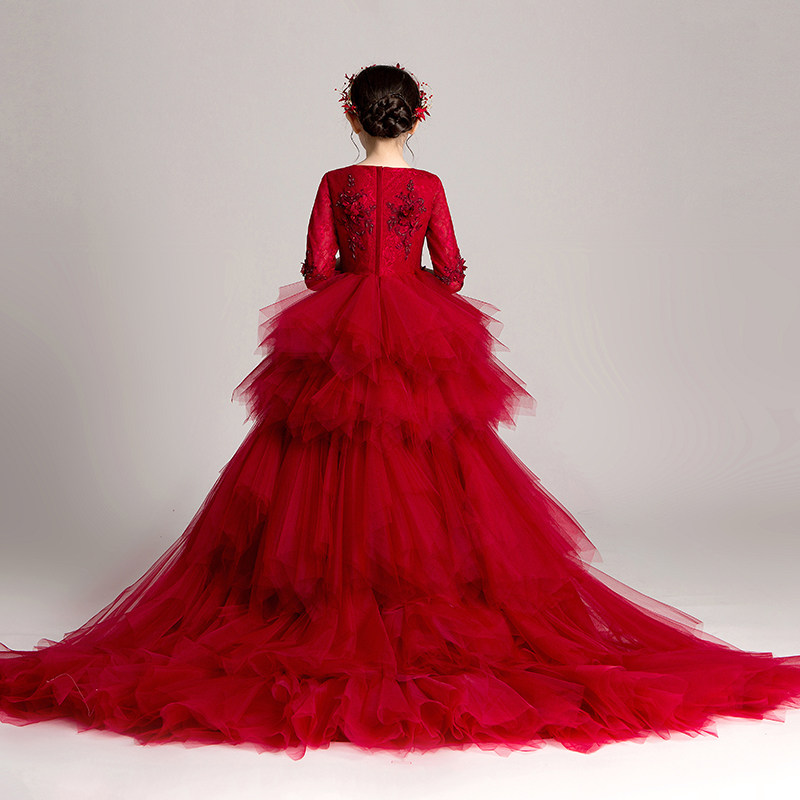 Child Trailing Gown Princess Dress Girl Model Walking Show Little Flower Child Marriage Dress Host Piano Plays Out Red