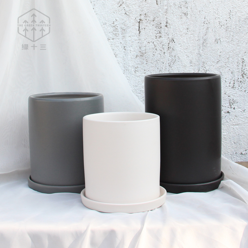 Nordic Ins Style Cement Gray and White Black Cylindrical Ceramic Flower Pot Matte Minimalist Design in Various Sizes