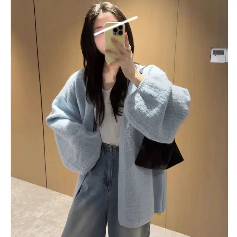 Original Genuine Bark-Textured Craft Puff-Sleeve V-Neck Knitted Cardigan for Women, Loose and Lazy Style, Versatile Sweater Jacket