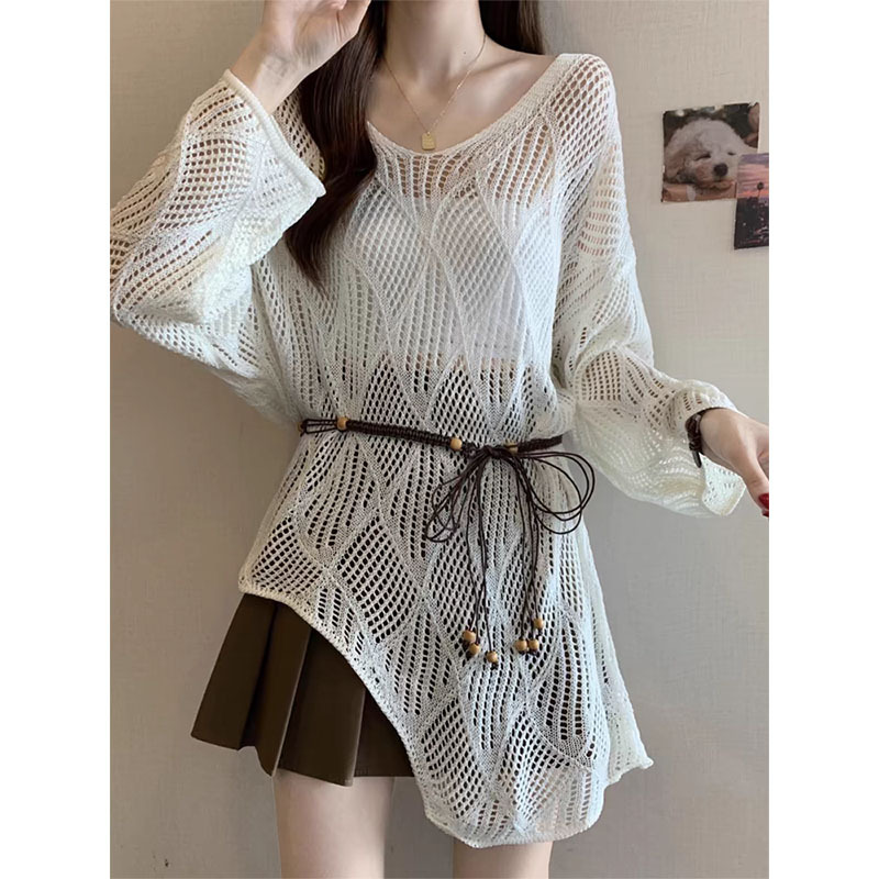 Free Belt, Irregular Hem, Stylish Women's Summer and Autumn Hollow-Out Long-Sleeved Sun Protection Cover-Up, Loose and Versatile Knitted Top Free Belt, Irregular Hem, Stylish Women's Summer and Autumn Hollow-Out Long-Sleeved Sun Protection Cover-Up, Loose and Versatile Knitted Top