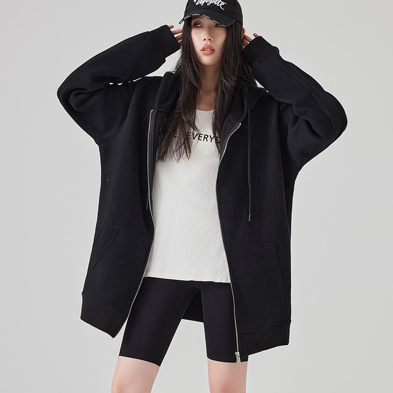 Yasu Tall Black Loose Long-Sleeved Hoodie for Women, Spring, Autumn and Winter Thickened Mid-Length Hooded Jacket