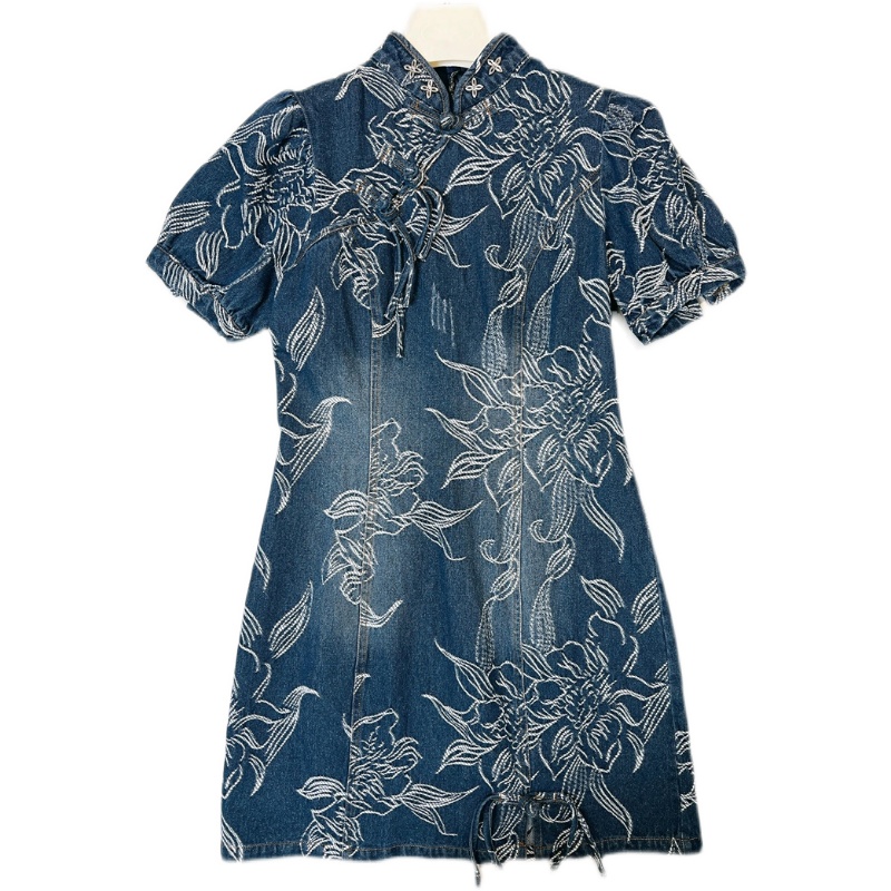 Retro small design cheongsam, elite denim dress, trend of season, light style Retro small design cheongsam, elite denim dress, trend of season, light style