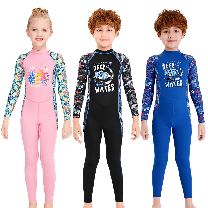 Children's swimsuit sun protection one-piece girl medium-sized girl boy fast dry long sleeve split student swimming school diving suit