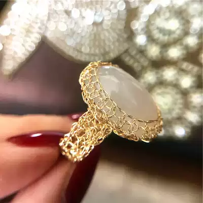 lady su Studio 14K gold silk woven edge natural white chalcedony ring