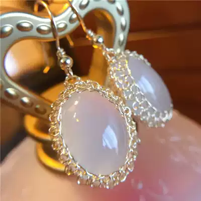 lady su original hand made 14K gold silk woven natural white chalcedony earrings Crystal gemstone Chinese style ear hook earrings
