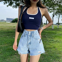  High waist denim shorts womens summer loose wide leg thin section 2021 new a-line plus size hole burr hot girl hot pants