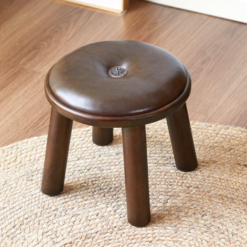 Solid wood stool small bench American living room leather stool soft bag small round stool square stool sofa stool leg small wooden stool