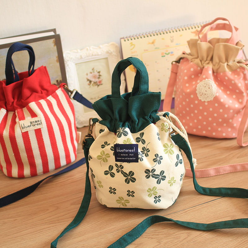 Thickened canvas, good quality stripes, four-leaf clover, multi-pocket, crossbody drawstring bag, small lunch bag, stewed beaker