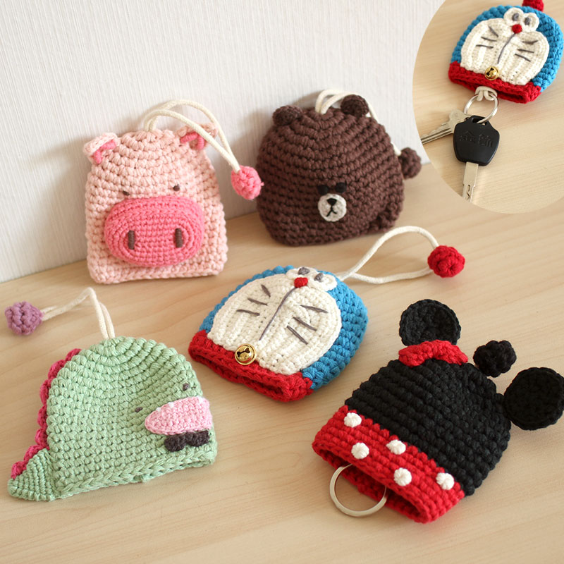 cute cartoon hand knitted key bag knitted wool key case cartoon dinosaur elk keychain