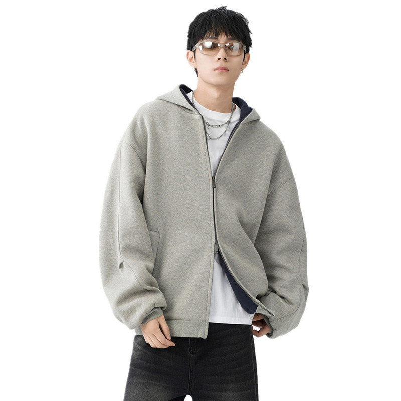 Heavyweight Trendy Brand Autumn and Winter Pure Cotton Reversible American-Style Sweatshirt for Men with Double Zipper High Street Hooded Cardigan Casual Jacket