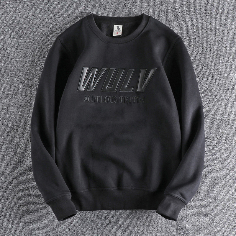 Autumn and winter personalized embroidered letters casual jacket plus velvet thickened warm round neck pullover sweater men's trend
