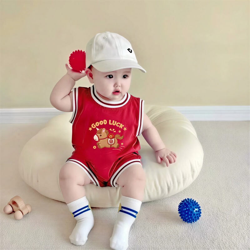 Year of the Horse Good Luck Baby Sleeveless Romper Vest Thin Pure Cotton Baby Boy Clothes Full Moon Celebration Red