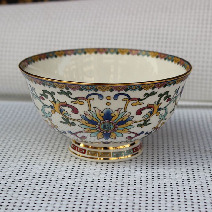 Jingdezhen ceramic bowl Antique Phnom Penh pastel Wanhua bone china bowl Household high foot porridge rice bowl ornaments porcelain bowl