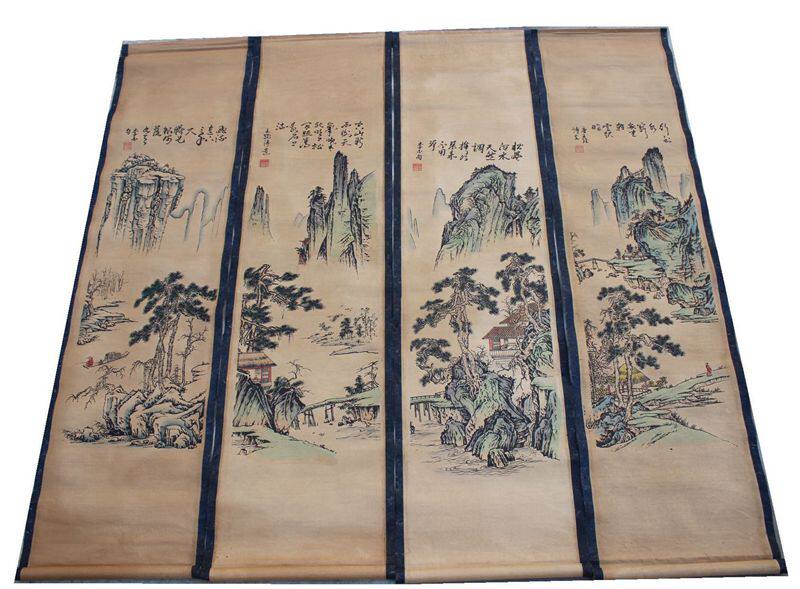 Antique made old character painting four screens Seven landscape maps Four couplets Scrolls Frescoed Living Room Books Room Adornment Old Hanging Paintings