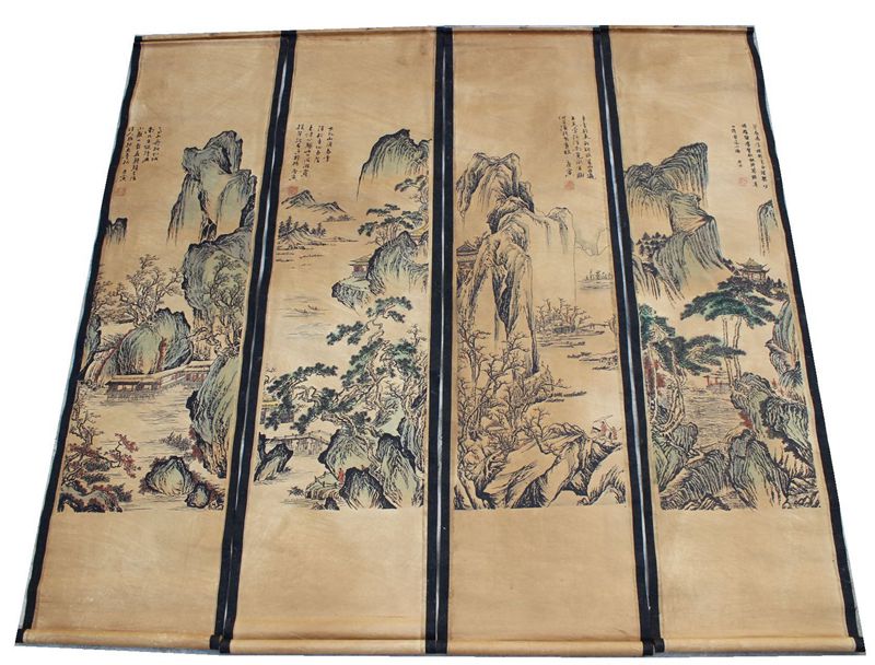 Antique old character painting Tang Bohu character painting ancient painting Tang Yin Mountain Landscape ancient playing country Painted Chinese painting Middle Hall decoration hanging and painting four screens