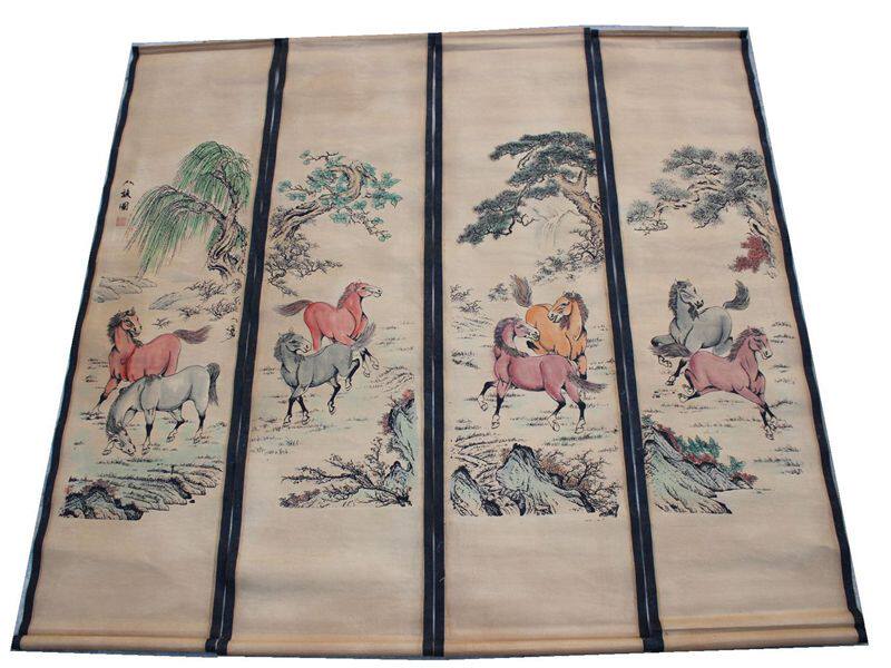Antique ancient calligraphy and painting Tang Bohu calligraphy and painting ancient painting eight horses and eight horses antique Chinese painting in the hall decoration painting four screens