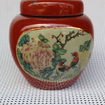 Antique old porcelain Ju Rentang red glaze flower and bird picture tea cover jar storage jar retro old porcelain jar decorative ornaments