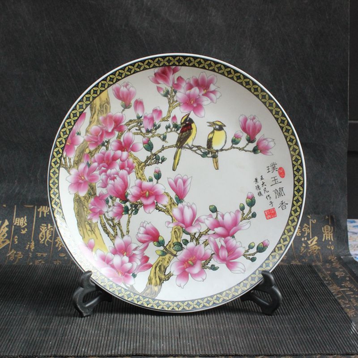 Jingdezhen Antique Ceramic Plate Pastel Flower and Bird Rose Disk decorated Disk Fruit Disk