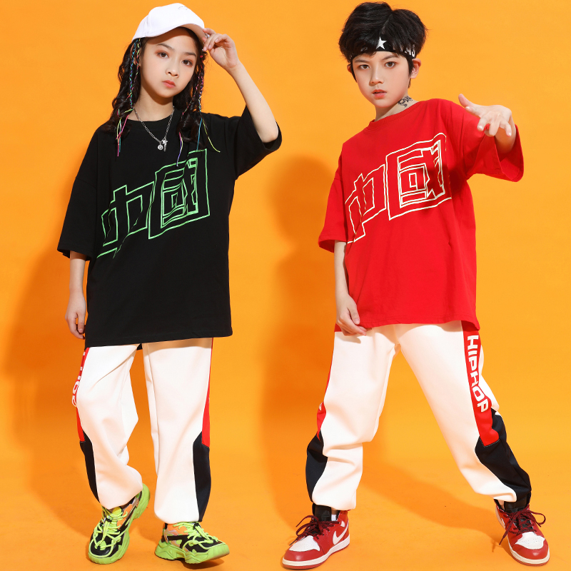 Hip-hop boys street dance clothes short-sleeved sports suits middle and big girls jazz clothes Chinese style children's performance clothes summer