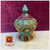 Edge life Buddha Nepal pure copper inlaid green treasure bottle made of old rice case bronze 8 auspicious treasure bottle