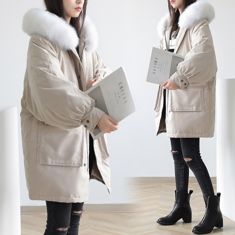 Off-season Korean version of the college style mid-length down jacket female student hooded loose casual thickening warm belt fur collar tide