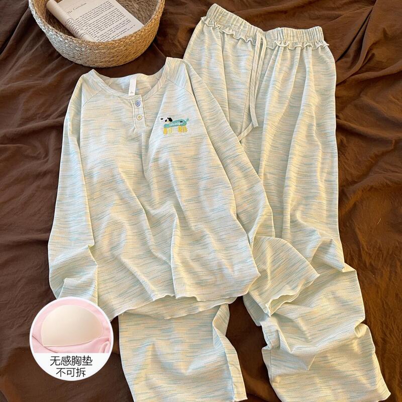 Women's Autumn Pajamas, Color-Woven Knit, Long-Sleeved, Plus-Size, Thin Style with Chest Pads, Can Be Worn Outside, Green Puppy Set Loungewear Women's Autumn Pajamas, Color-Woven Knit, Long-Sleeved, Plus-Size, Thin Style with Chest Pads, Can Be Worn Outside, Green Puppy Set Loungewear