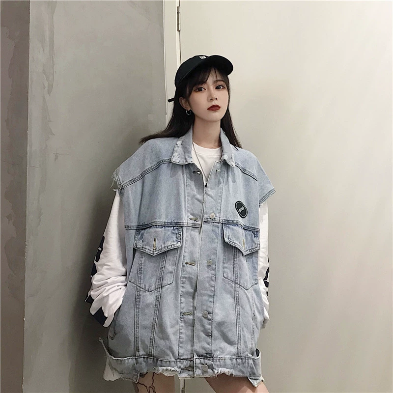 Mùa thu Kích thước cực lớn của phụ nữ Fat Sister Hồng Kông Phong cách bảo hộ lao động Frayed Denim Vest Vest rời Áo khoác không tay - Áo vest