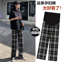Pregnant Woman Pants Spring Autumn Outside Wearing Pants Boomers Fashion Checkered Broadlegged Pants Mesh Red Fashion Straight Drum Tovenant Pants With Slim Shade