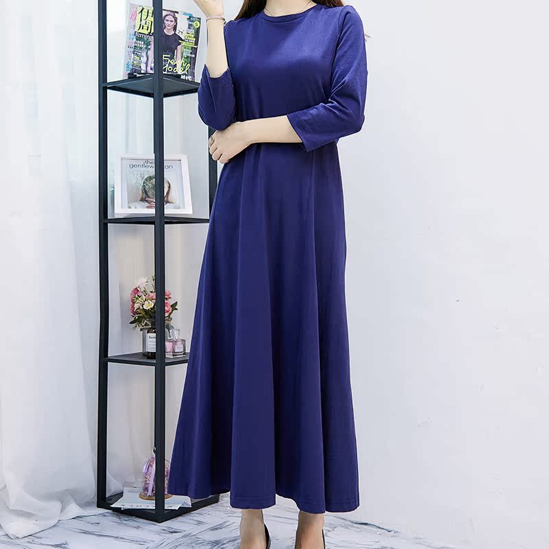 Váy tự làm 2018 mùa thu dài đầm rộng kích thước lớn eo cao cotton đáy váy váy dài tay đầm dài đi biển