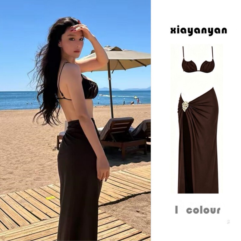 Zhang Xinyu's Same Style Swimsuit for Women, Ancient Greek Style Metal Buckle Strap Bikini Three-Piece Set, High-End Resort Wear Zhang Xinyu's Same Style Swimsuit for Women, Ancient Greek Style Metal Buckle Strap Bikini Three-Piece Set, High-End Resort Wear