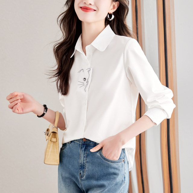 Simple white shirt women's spring and autumn new Korean style fashion all-match kitten embroidery slim long-sleeved women's shirt