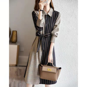 Plain wood high-end light luxury waist dress women's autumn new elegant striped stitching long-sleeved mid-length shirt skirt