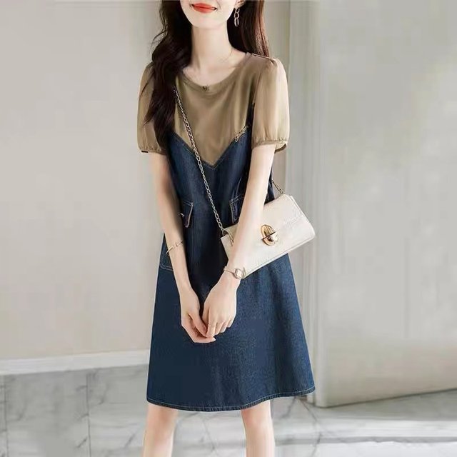 Short-sleeved denim dress women's summer new Korean version loose and thin casual splicing fake two-piece bubble a-line skirt