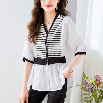 Design sense striped shirt women's spring and summer new Korean style fashion elegant thin small V-neck temperament women's top