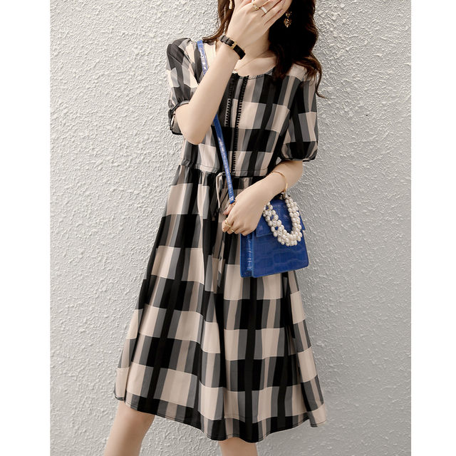 Waist-shrinking short-sleeved dress women's summer new retro plaid round collar age-reducing sweet and thin mid-length a-line skirt