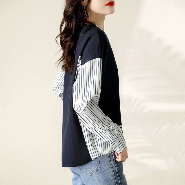 Striped fake two-piece shirt women's spring and autumn new all-match knitted stitching casual slim temperament simple round neck top