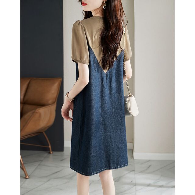 Short-sleeved denim dress women's summer new Korean version loose and thin casual splicing fake two-piece bubble a-line skirt