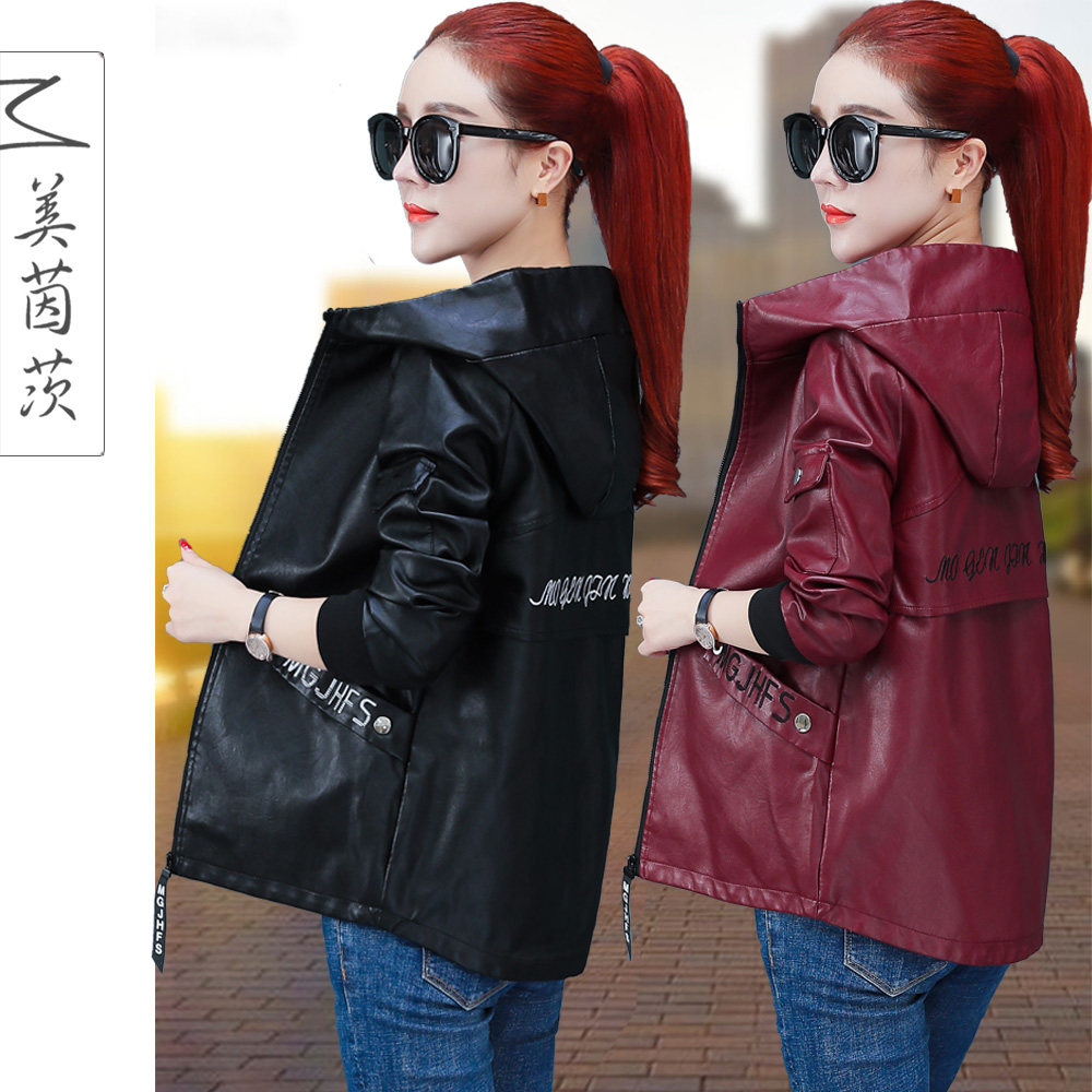Plus velvet thickened mid-length leather loose coat women's spring and autumn new hooded windbreaker women's leather jacket top