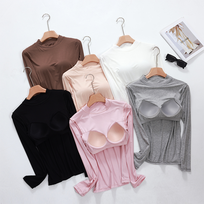 Modal Mid-Tie Chest Pad Fixed No-Wear No-Wire Double-Layer Half Turtleneck Long-Sleeved Shirt Base Layer Thin Pure Color Modal Mid-Tie Chest Pad Fixed No-Wear No-Wire Double-Layer Half Turtleneck Long-Sleeved Shirt Base Layer Thin Pure Color