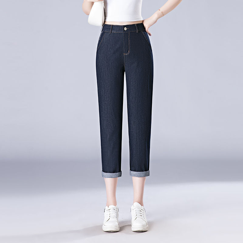 Women's Summer Thin Elastic Waist Denim Jeans, Straight Loose Fit, New High-Waisted Slimming Cropped Pants