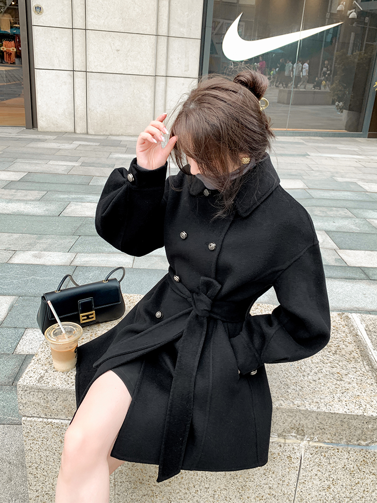Black double - sided cashmere girl 2023 autumn and winter new waist temperament Heben wind wool cloak tide