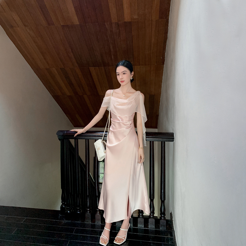 Binguo Pink Mesh Satin Camisole Dress for Women 2026 Summer New Slim Fit Elegant Long Dress
