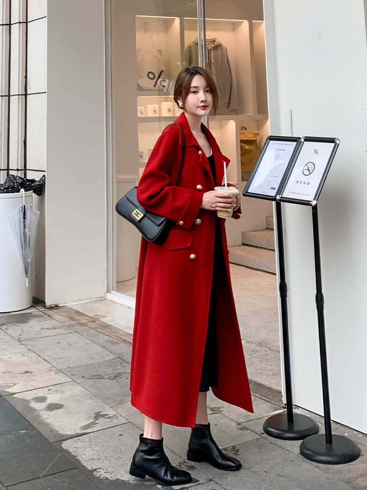 Double-sided cashmere coat women's mid-length version 2022 autumn and winter new high-end temperament over-the-knee red woolen woolen coat