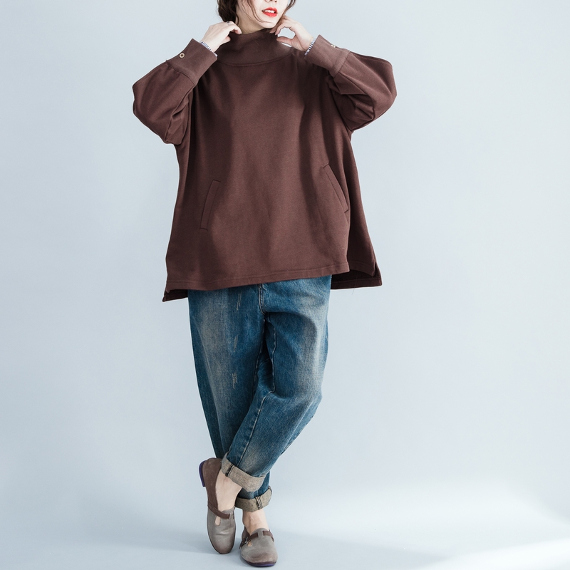 Kích thước lớn nữ béo mm mới áo len mùa đông của phụ nữ tay dài lỏng lẻo cao cổ áo sơ mi khâu đầu áo thủy triều quần nữ ống rộng