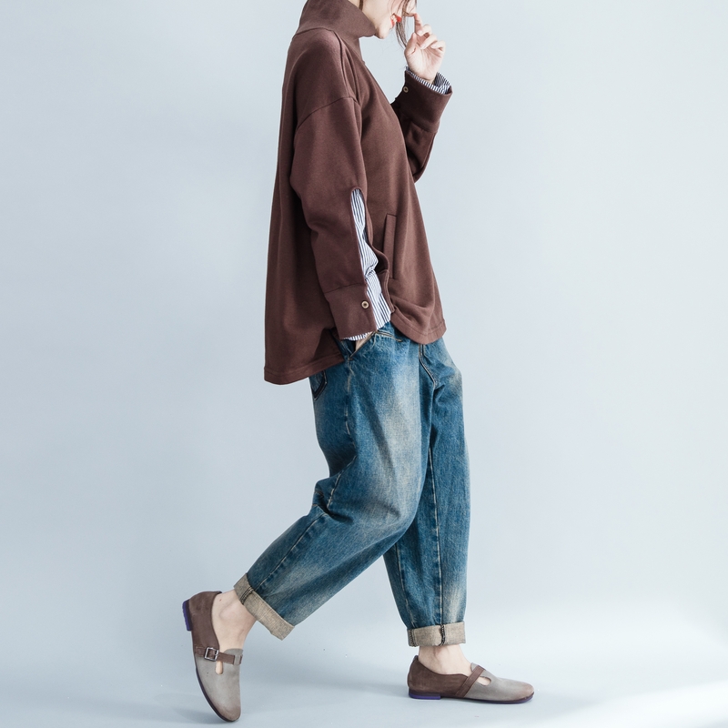 Kích thước lớn nữ béo mm mới áo len mùa đông của phụ nữ tay dài lỏng lẻo cao cổ áo sơ mi khâu đầu áo thủy triều quần nữ ống rộng
