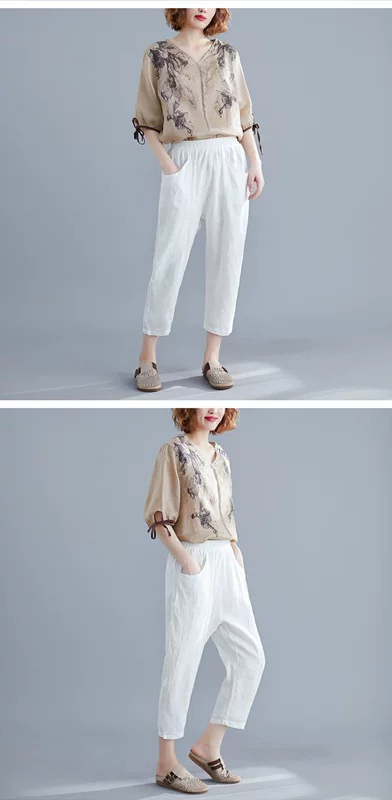 Mùa hè 2019 mới quần rộng size cotton rộng và vải lanh chín quần thường có dây thun co giãn hoang dã là quần harem mỏng nữ - Quần Harem