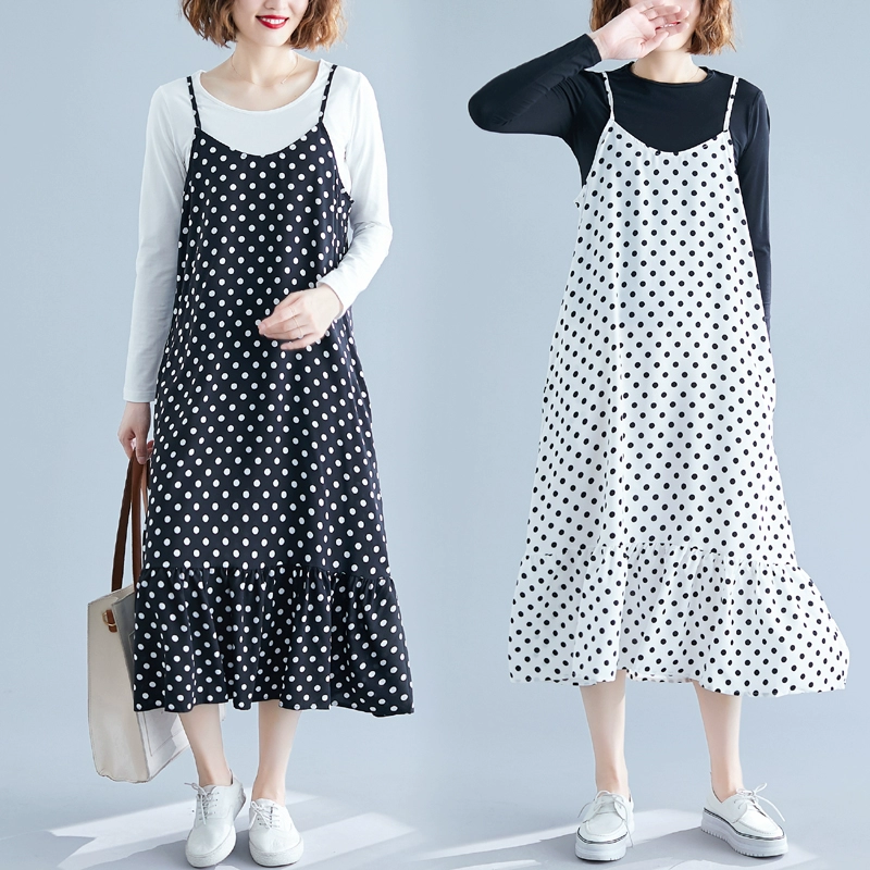 Cộng với kích thước mùa hè của phụ nữ voan polka-dot Đầm cổ chữ V là chiếc váy mỏng viền văn học. - Váy dài